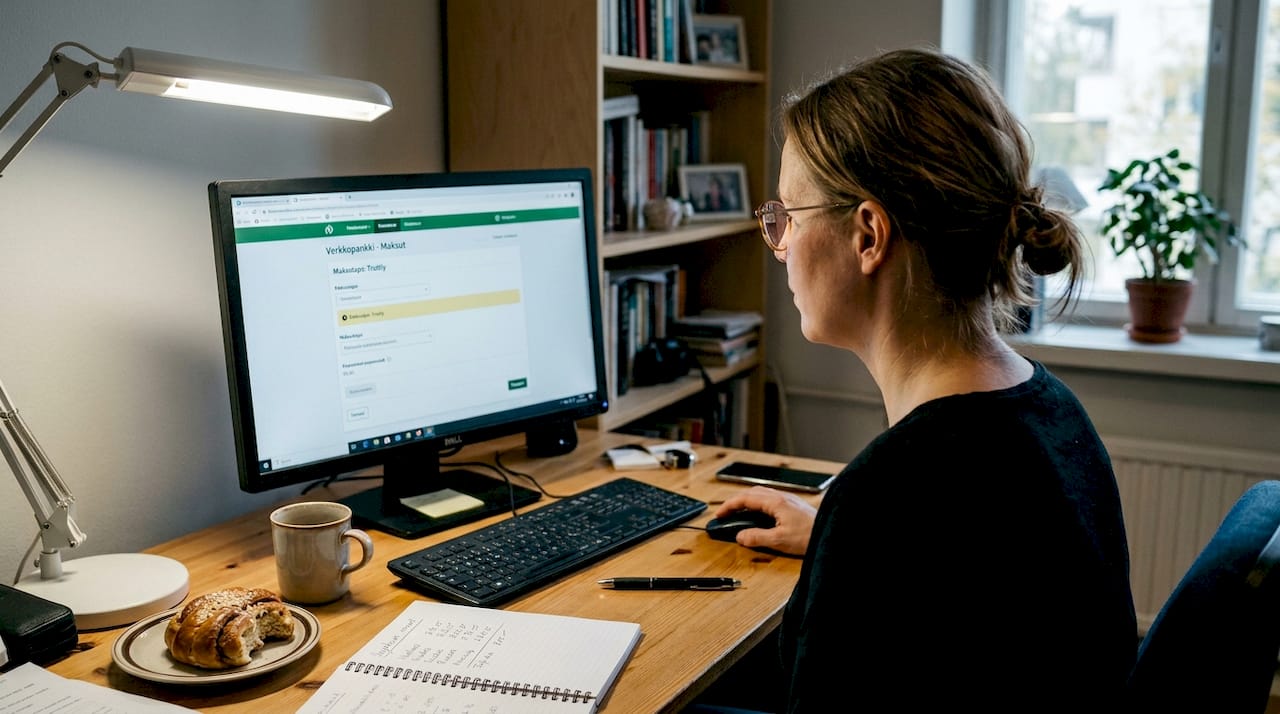 Nainen hoitaa maksuja Trustlyllä kotitoimistonsa tietokoneella.