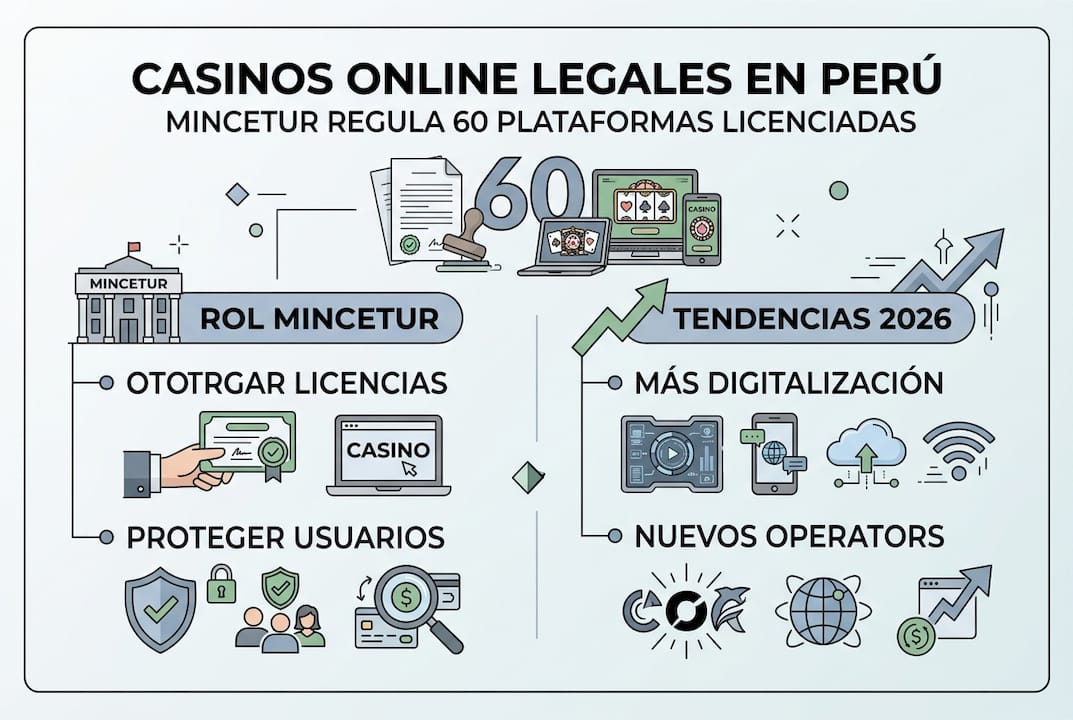 Infografía sobre el papel de MINCETUR en la regulación de los casinos autorizados en Perú