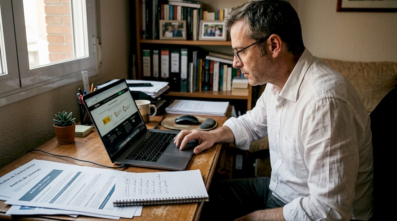 Hombre comprobando la licencia de un casino desde su portátil