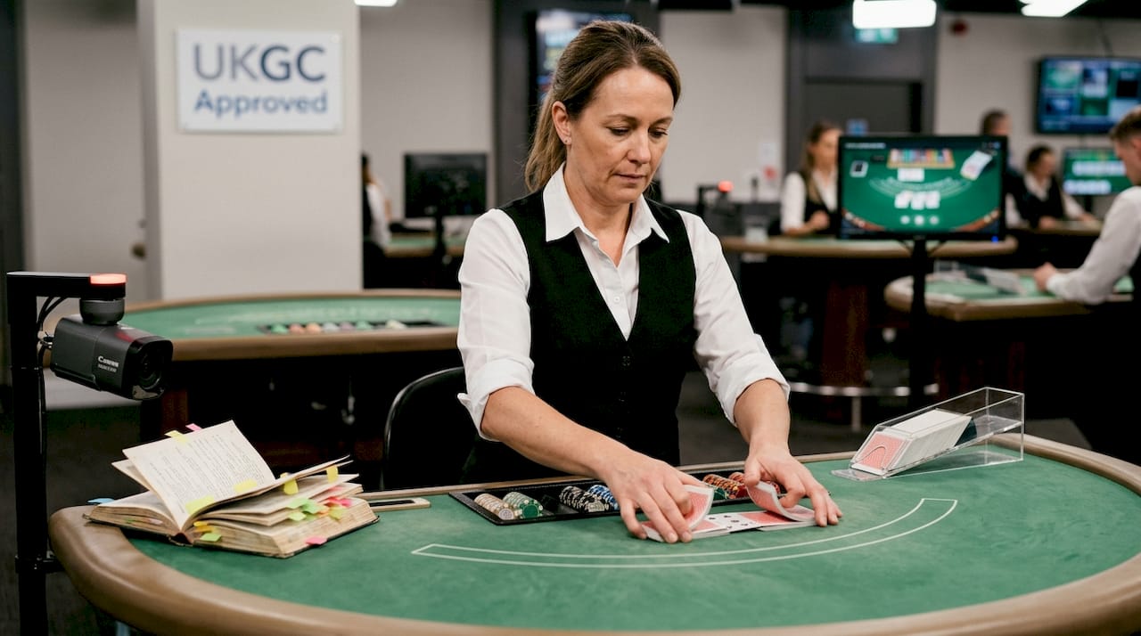 Live casino dealer shuffling cards at UKGC studio