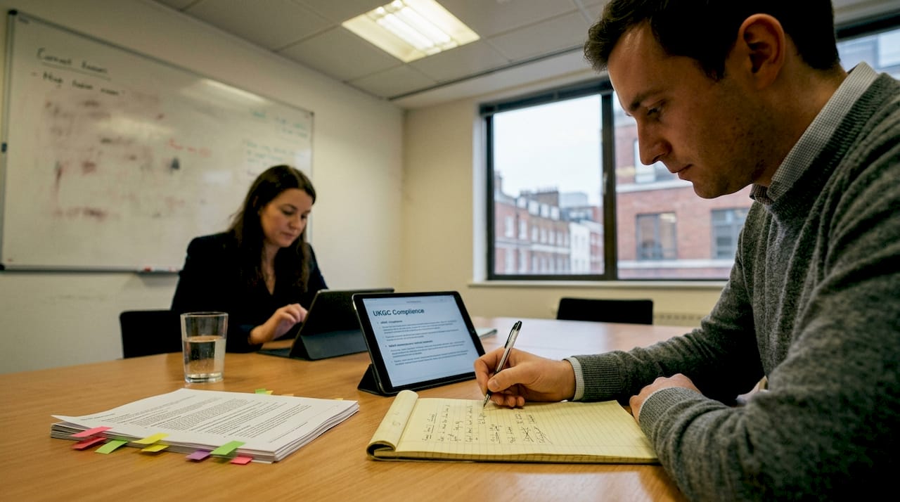 Professionals reviewing UKGC compliance documents
