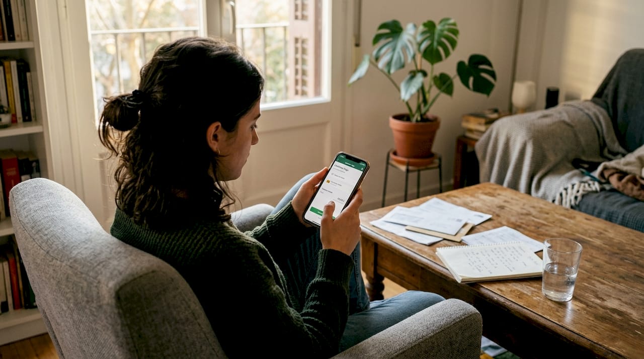 Mujer realizando un pago desde su móvil