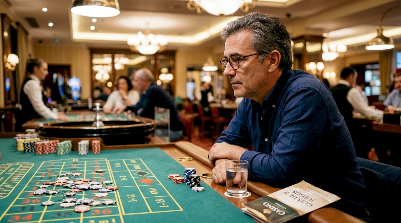Ruleta europea con un jugador apoyado sobre la mesa de juego