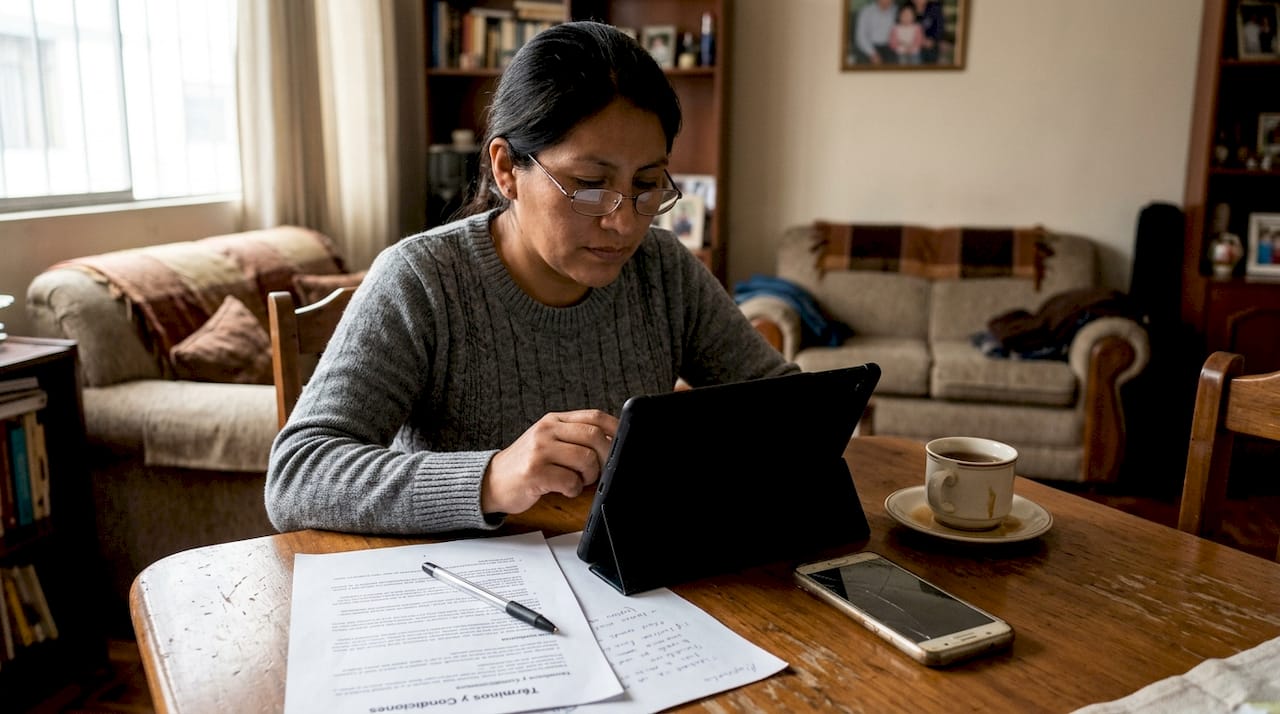 Mujer analizando las condiciones legales de una casa de apuestas online