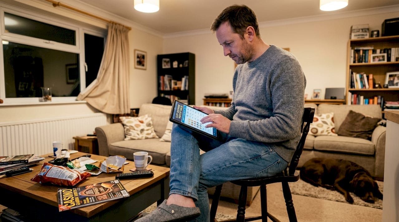 Man reading slot payout details at home
