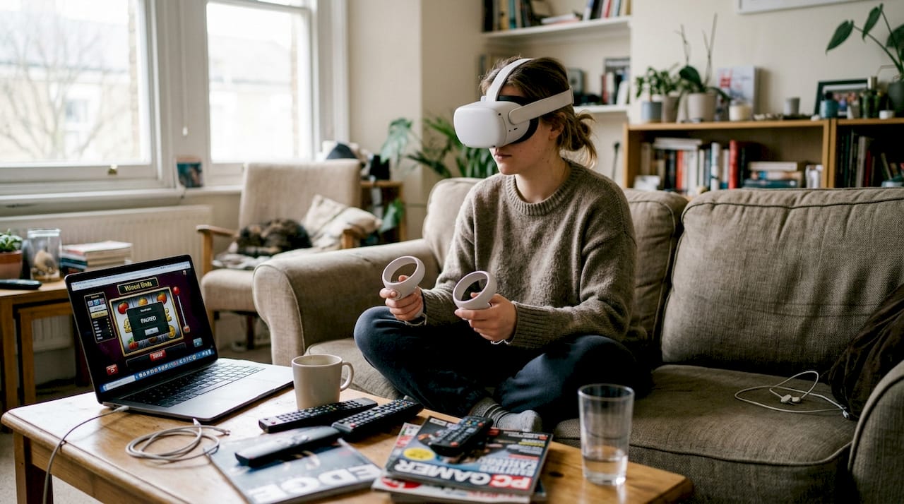 Woman experiencing VR casino game at home