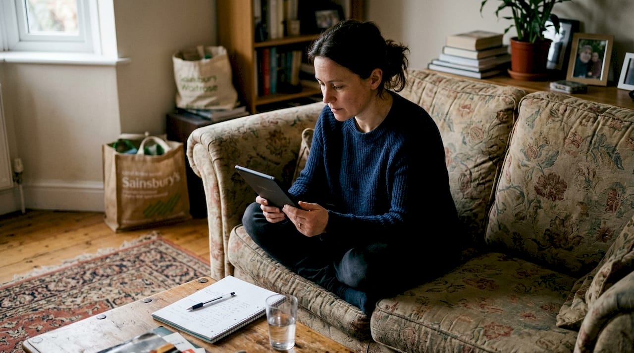 Woman reading withdrawal policy on tablet