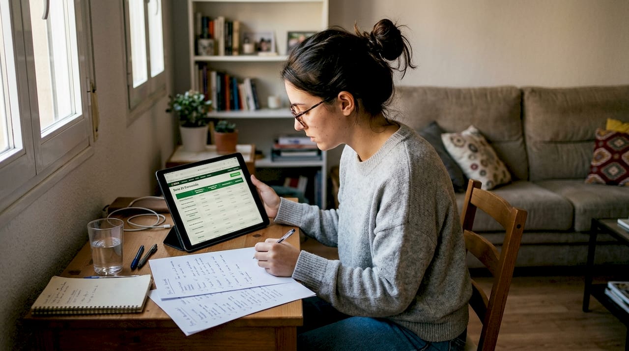Mujer revisando y comparando las promociones de diferentes casinos online, usando su tablet y tomando apuntes.