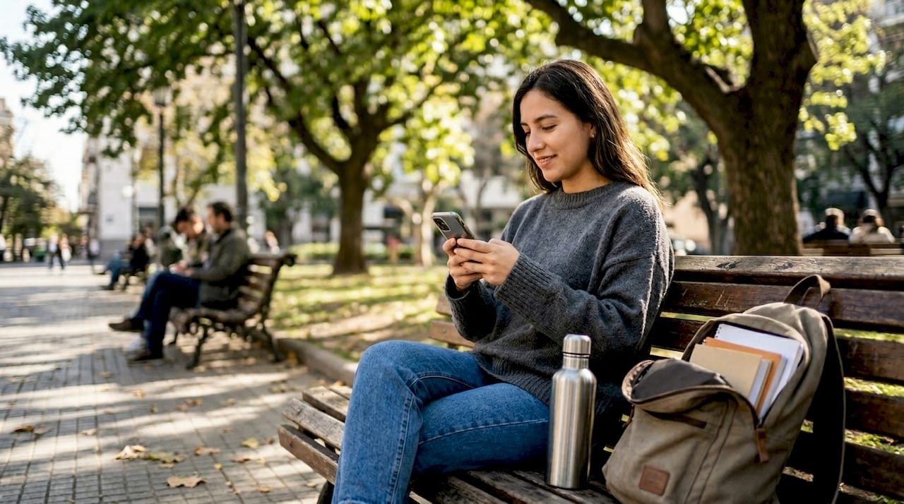 Una mujer realiza un pago desde su móvil mientras disfruta en el parque.
