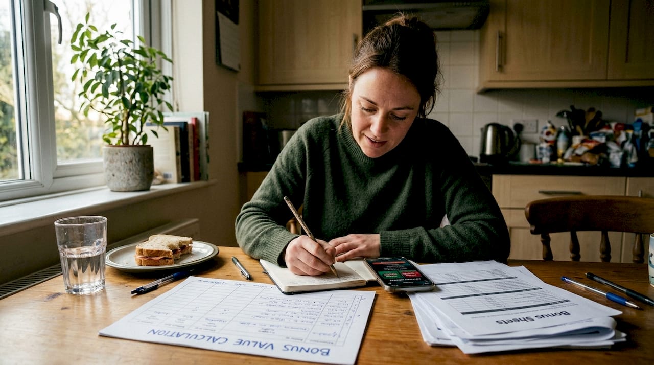 Woman evaluating real-world bonus value
