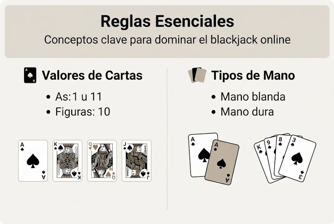 Guía visual sobre las reglas básicas y las diferentes combinaciones de manos en el blackjack