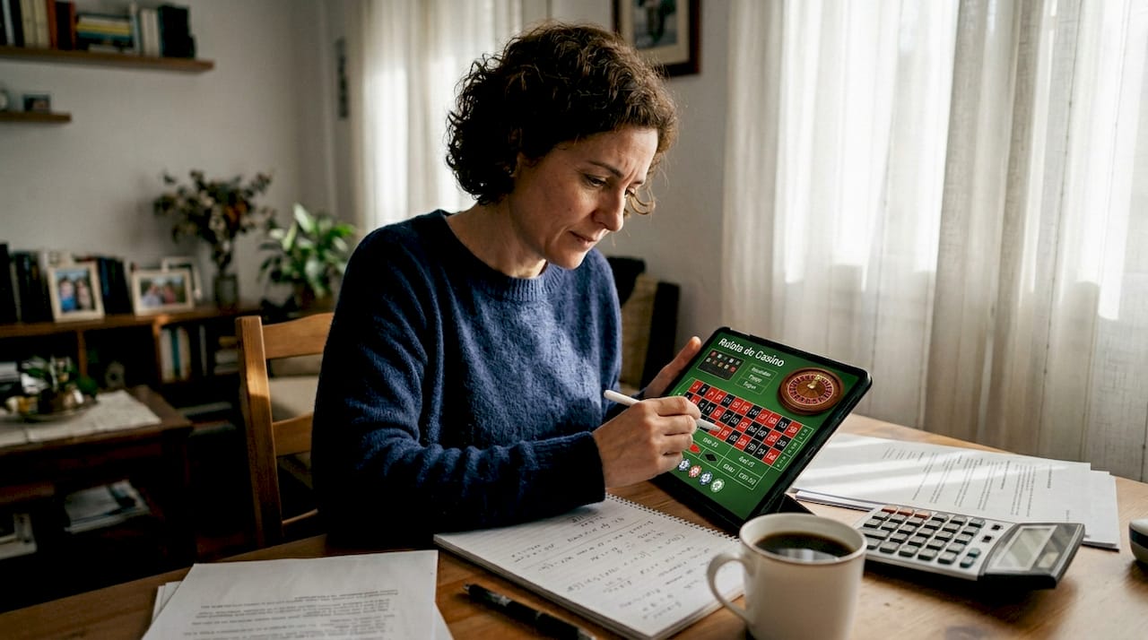 Una mujer analiza los datos y resultados de las mesas de ruleta para identificar tendencias y patrones.