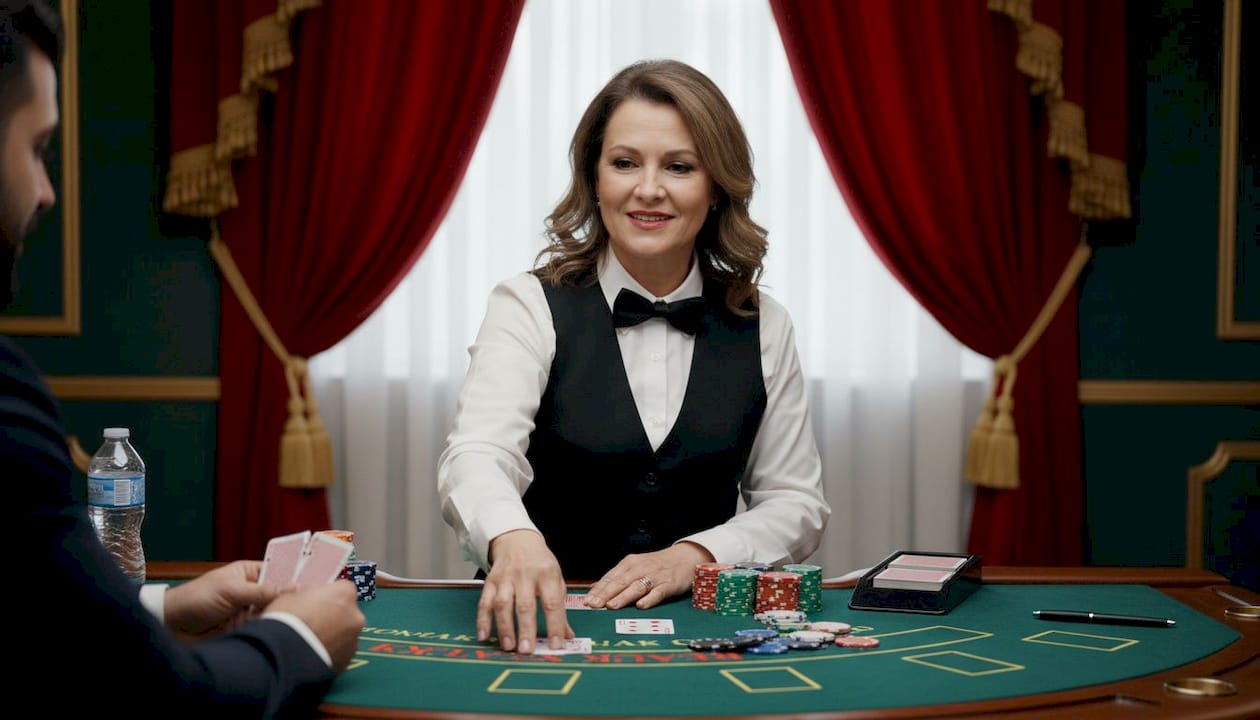 El crupier reparte las cartas sobre la mesa de blackjack.