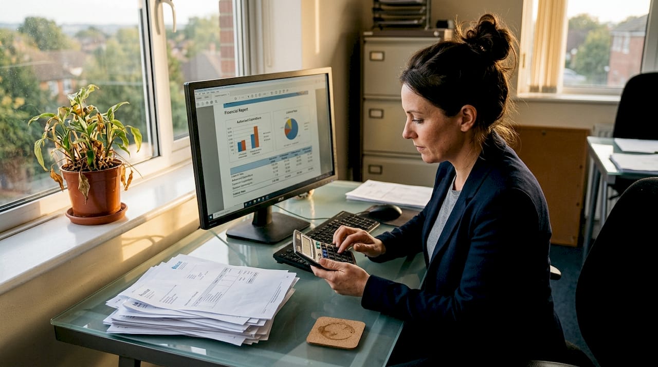 Woman reviewing casino finances at office desk