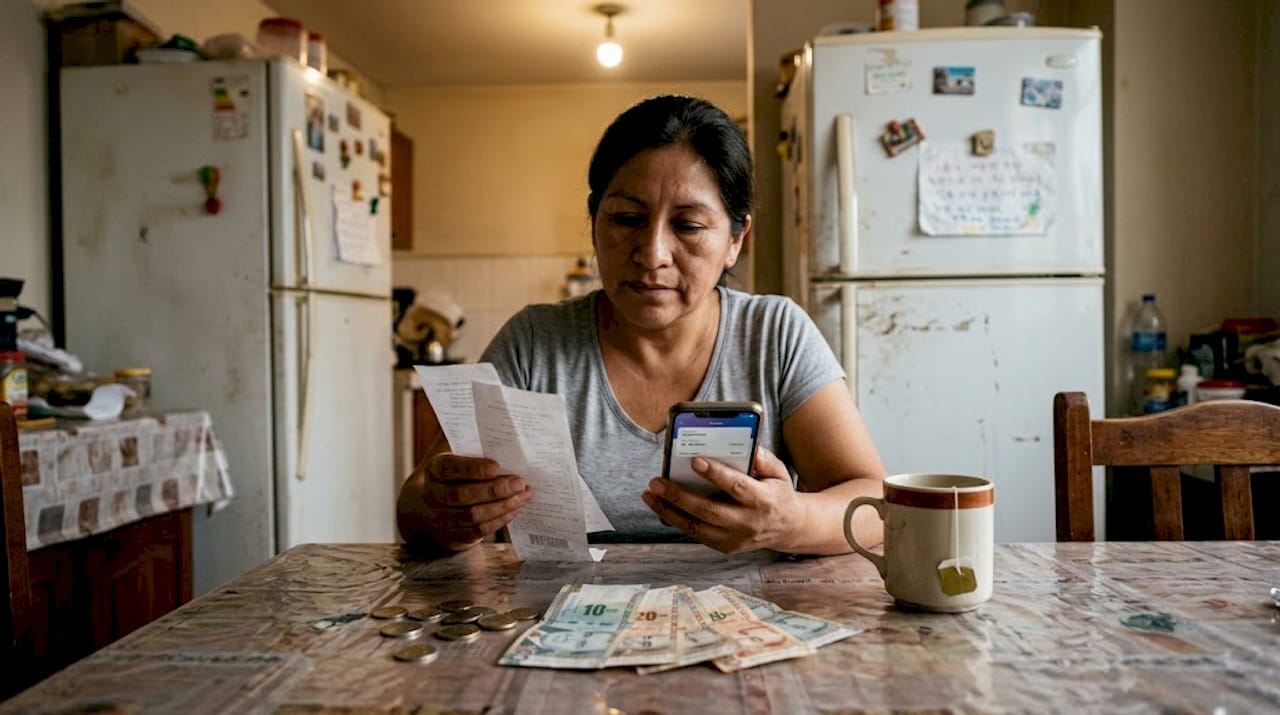 Una mujer revisa sus cuentas mientras está en la cocina de su hogar, típica de una familia peruana.
