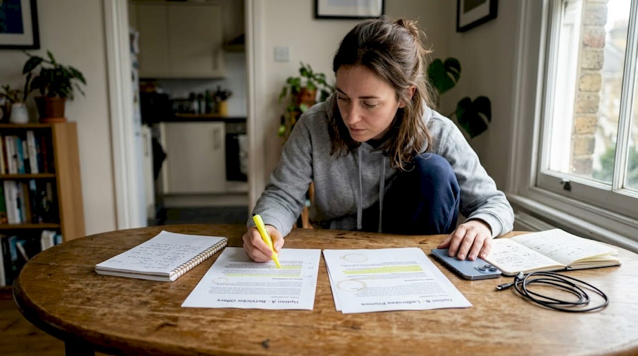 Woman comparing casino bonus term sheets