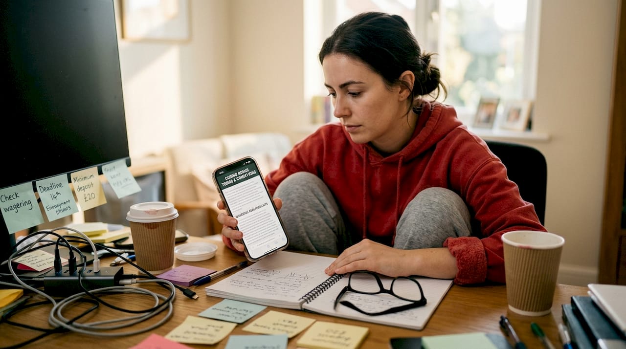 Woman checks casino bonus terms home office