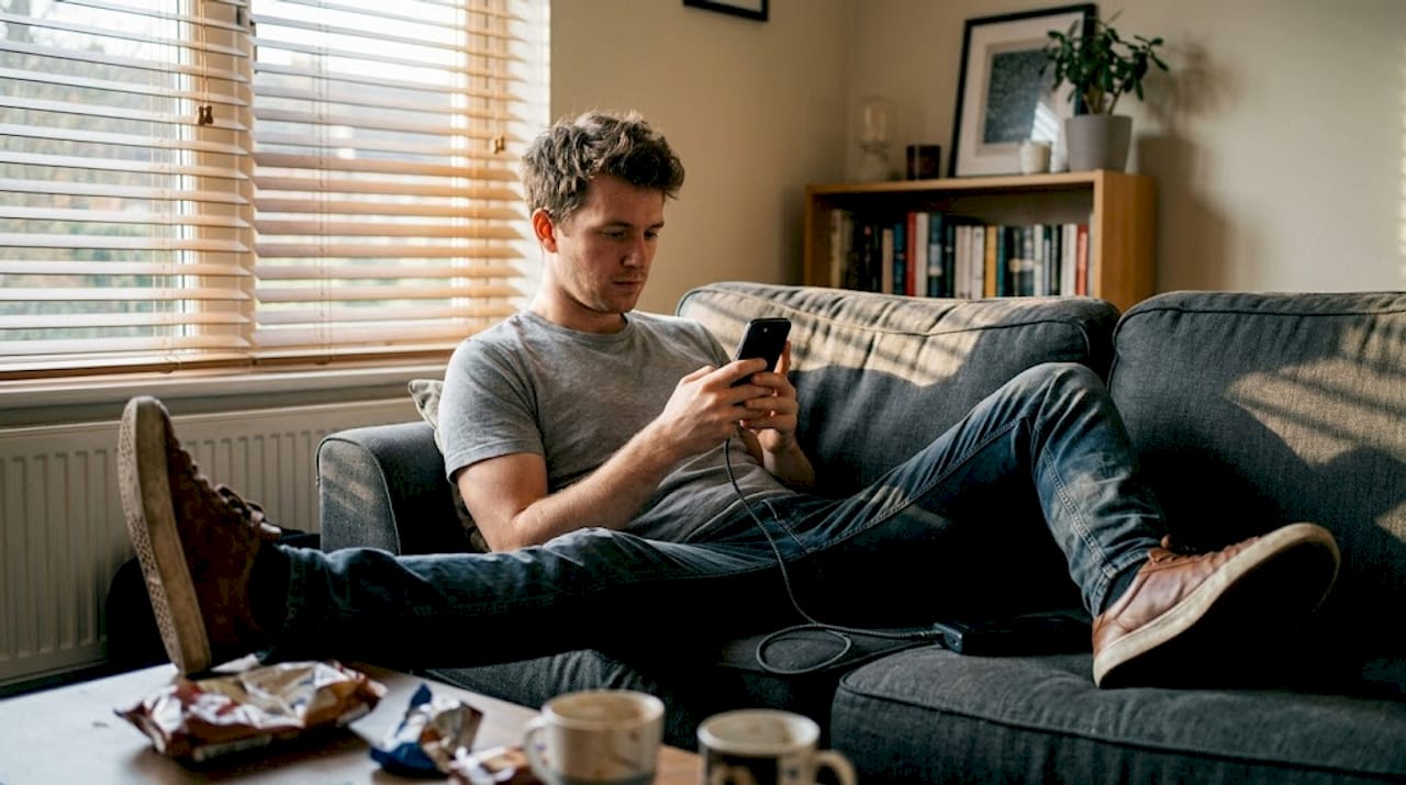 Hombre revisando en su móvil el pago de un casino de criptomonedas