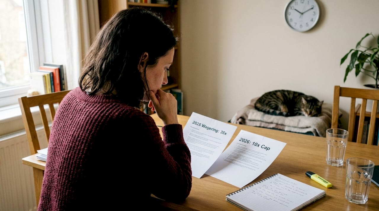 Woman reviewing old and new casino wagering rules