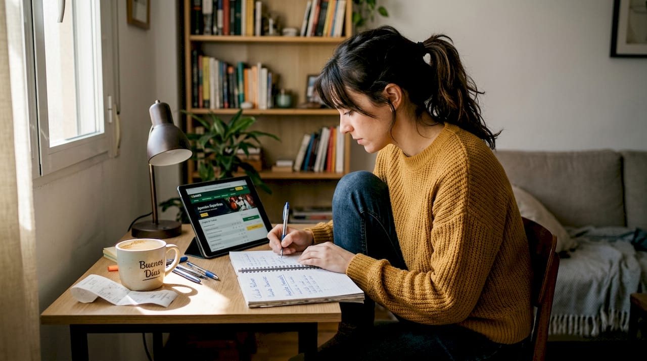 Una mujer revisa desde su escritorio en casa el progreso de los requisitos de apuesta de un bono de casino.