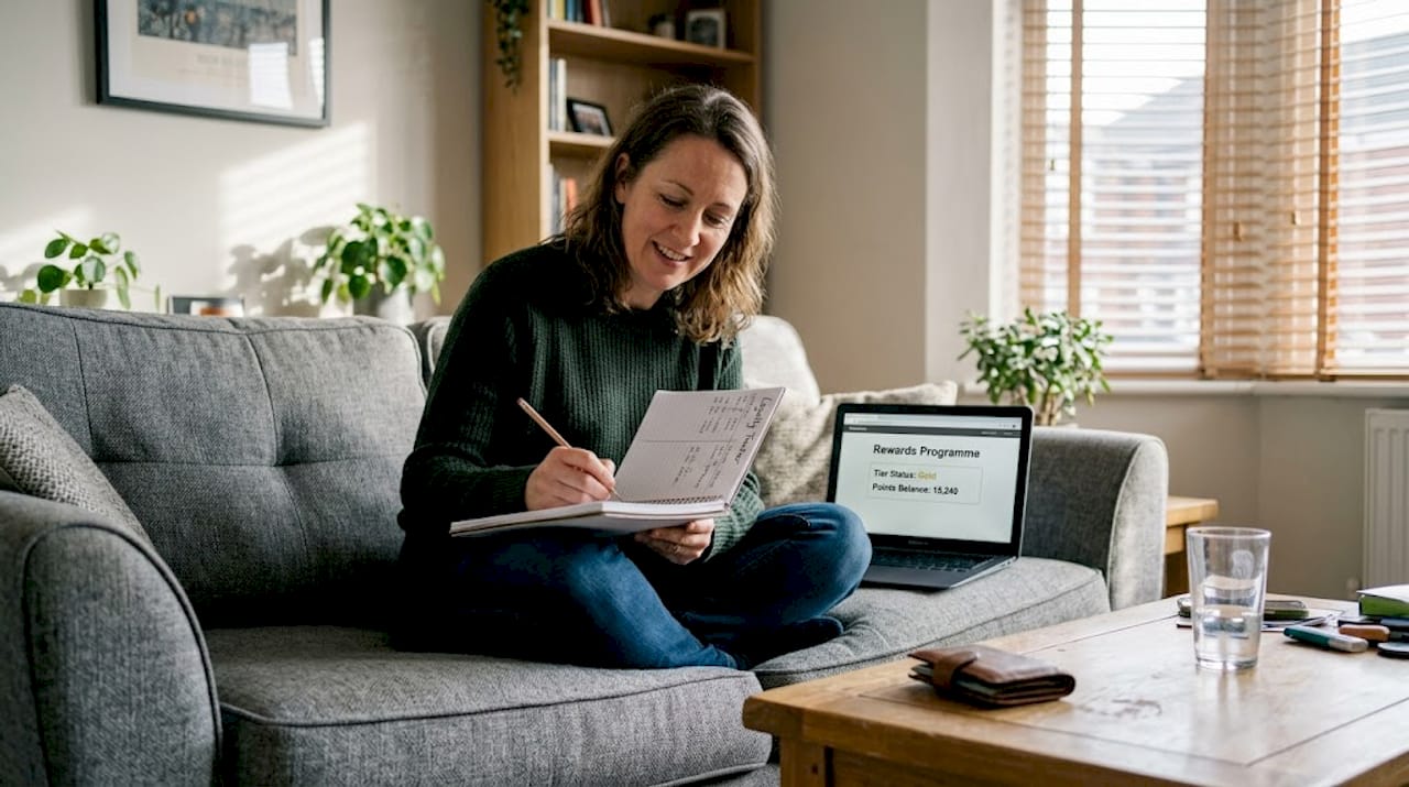 Woman updates loyalty program notebook at home