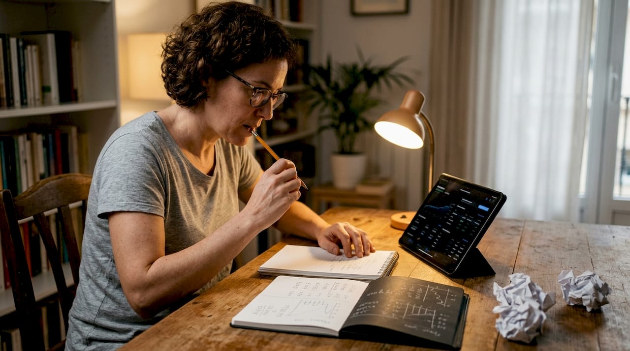 Una mujer revisa sus cuentas y anota los beneficios en su cuaderno.