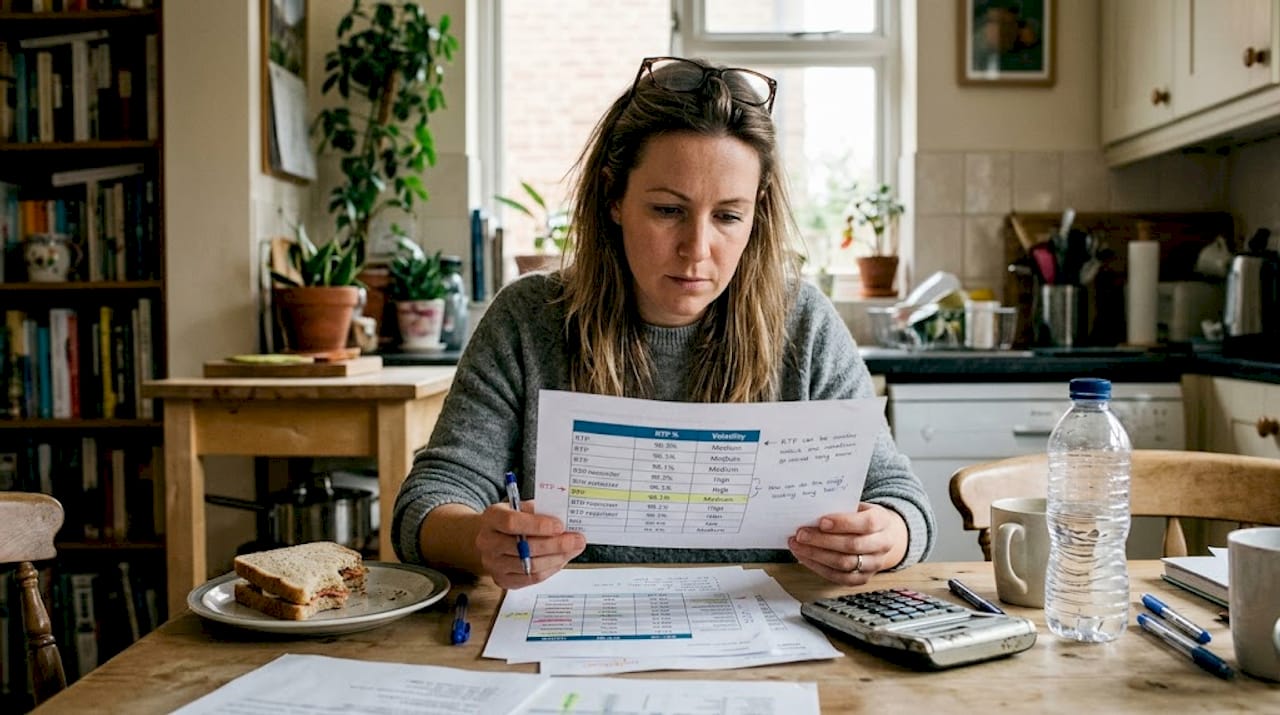 Woman studying RTP volatility casino printout