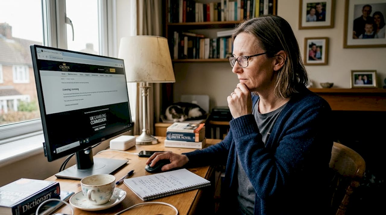Woman reviewing online casino licence logo