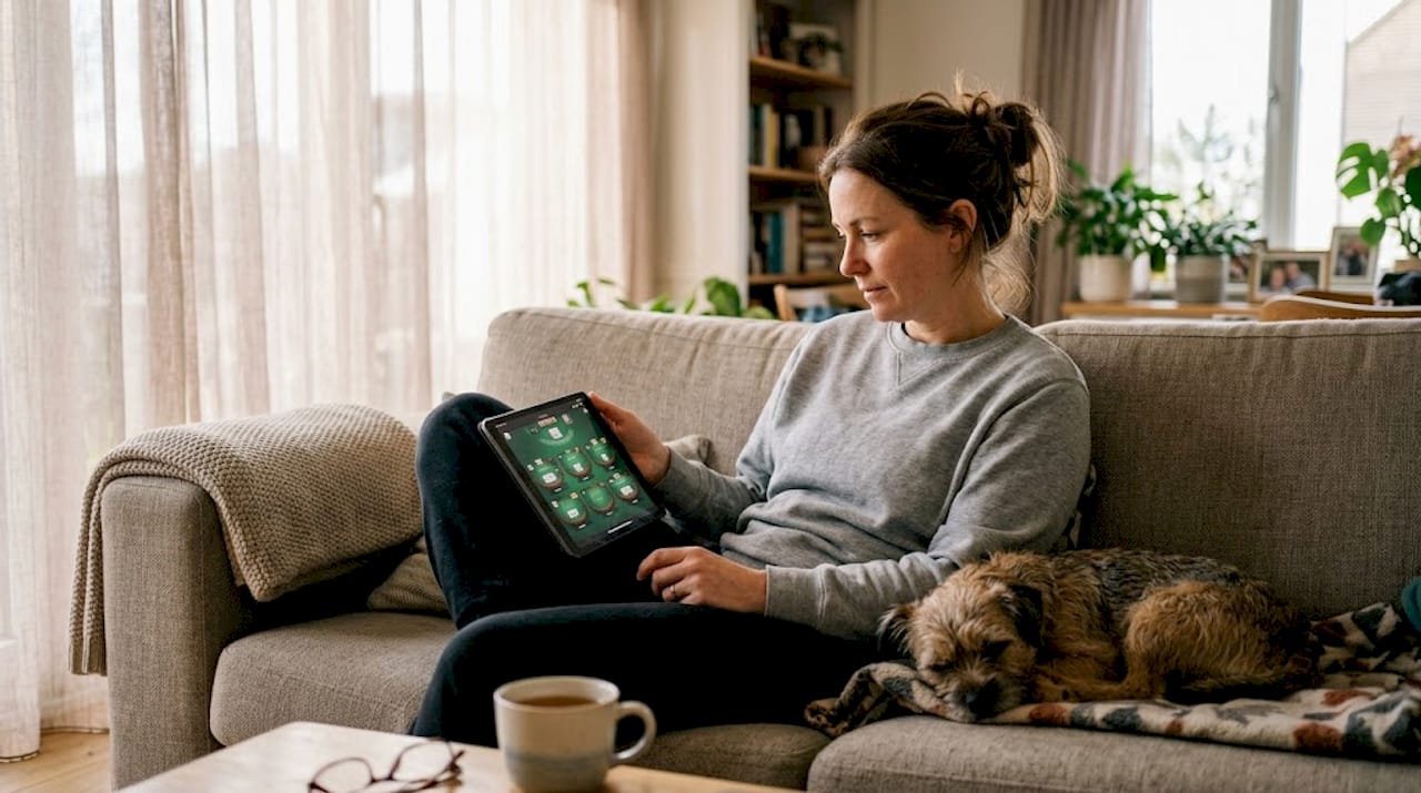 Una mujer elige en qué mesa de blackjack virtual quiere jugar