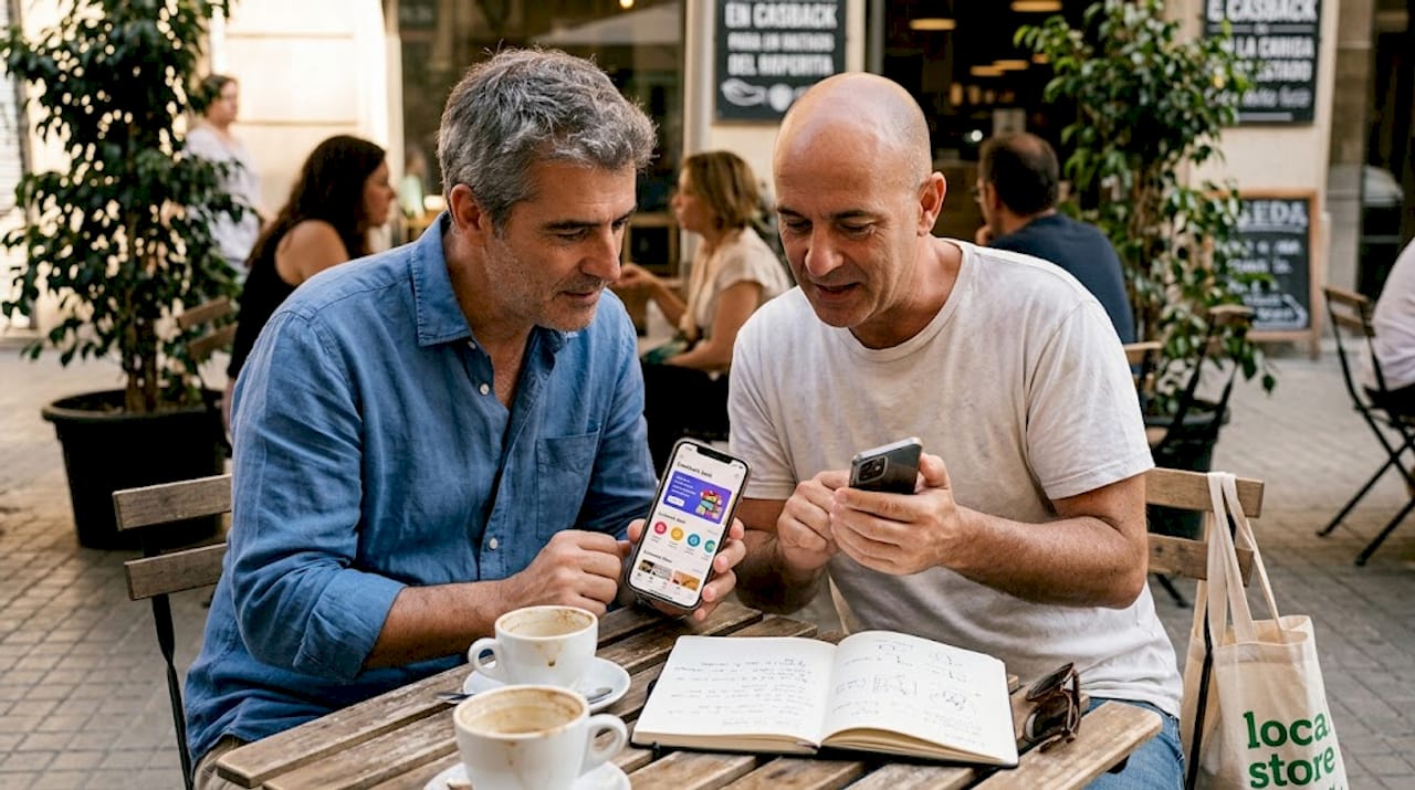 Un grupo de hombres conversando sobre promociones de devolución de dinero en apps móviles