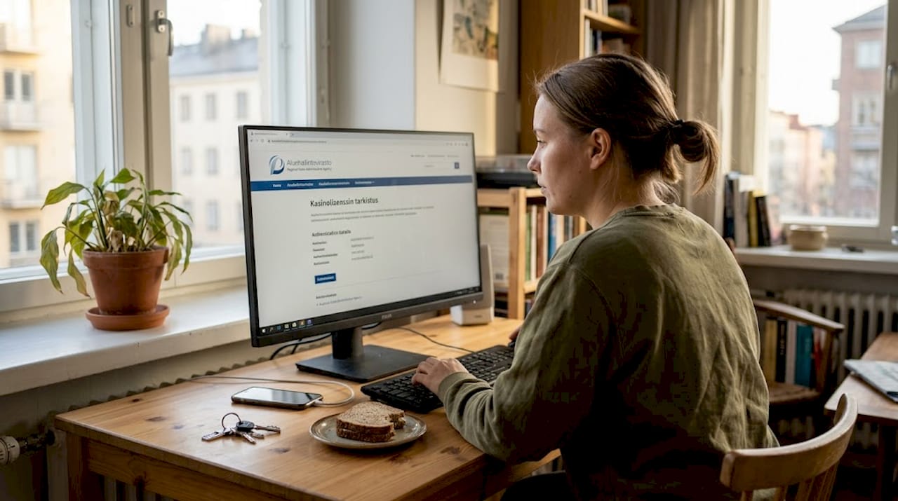 Nainen tarkistaa nettikasinon lisenssitietoja tietokoneella varmistaakseen kasinon luotettavuuden.