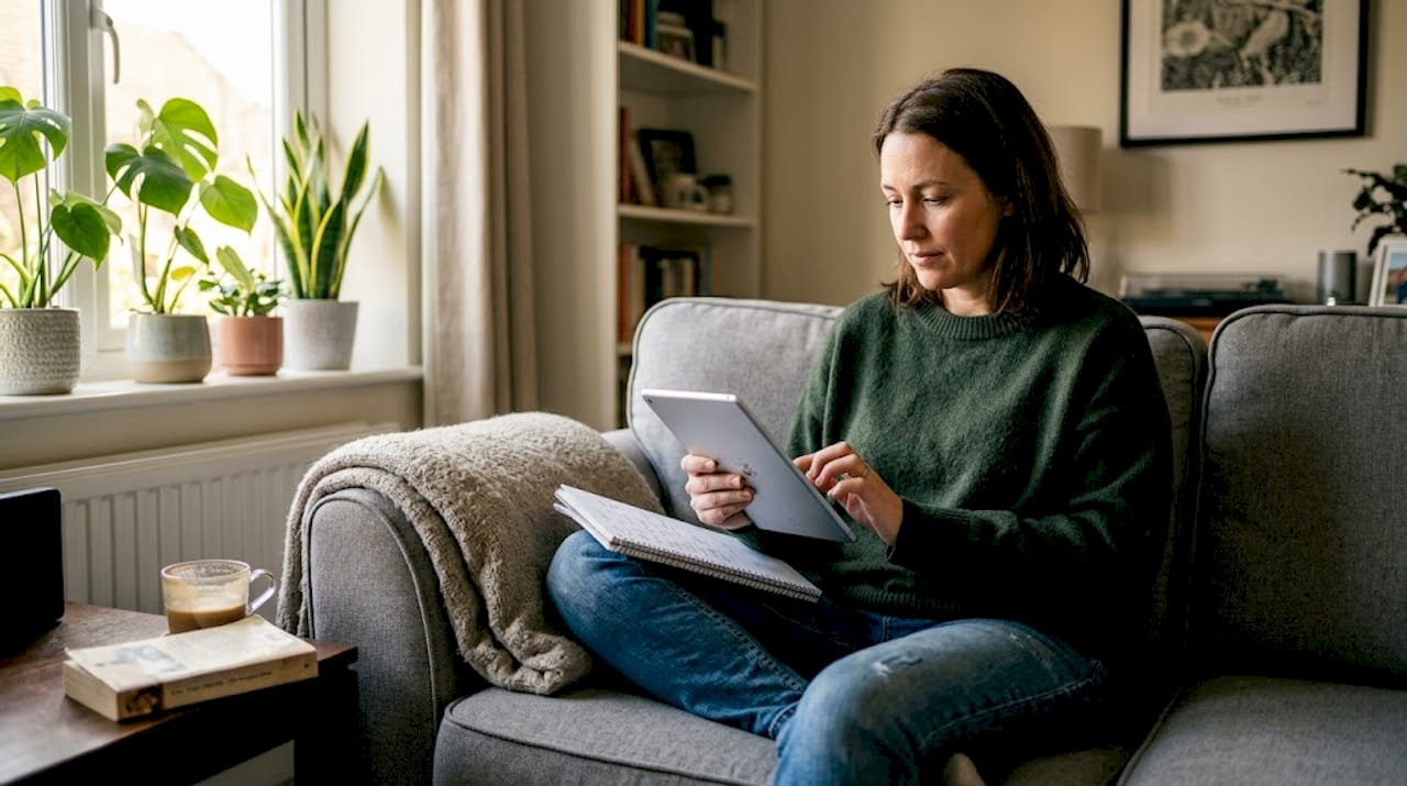 Woman comparing casino offers with tablet and notes