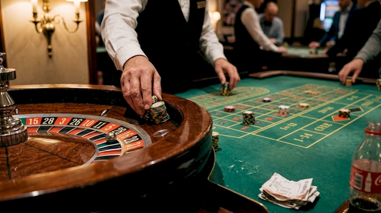 Dealer setting chips on roulette table