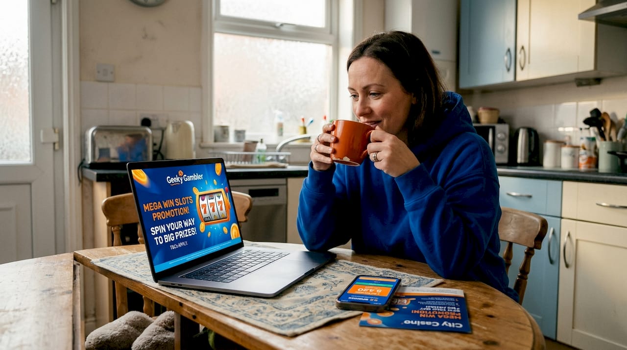Woman playing hybrid casino at kitchen table