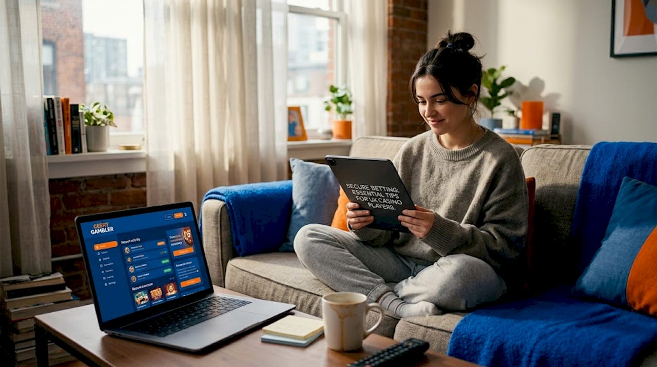 Woman reading casino security tips at home