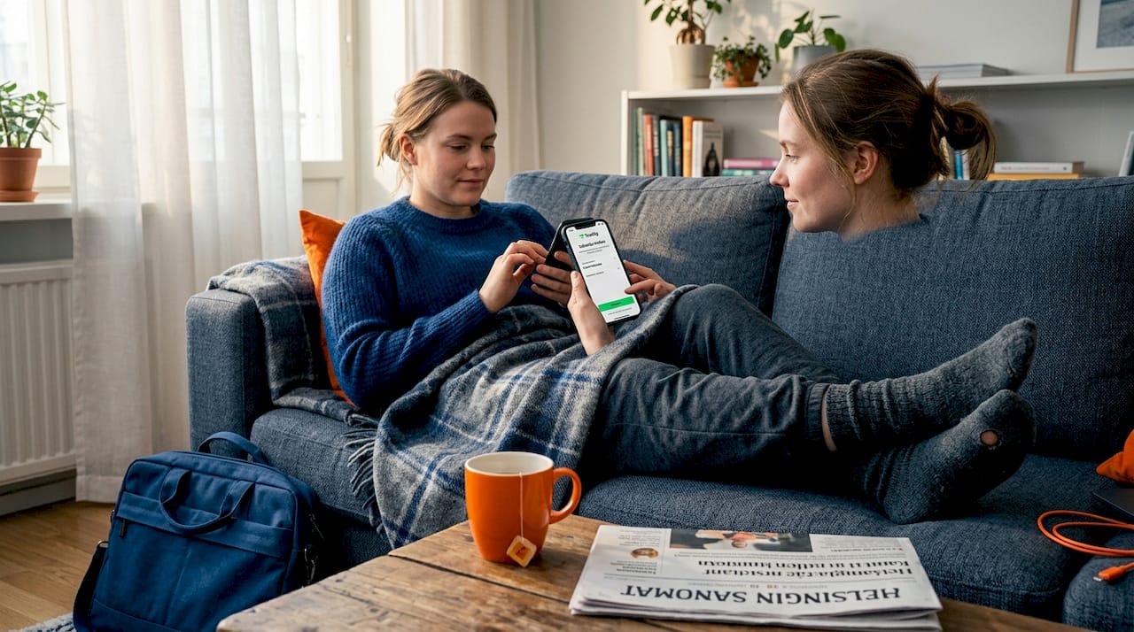 Nainen hoitaa maksun Trustlyn kautta älypuhelimella.