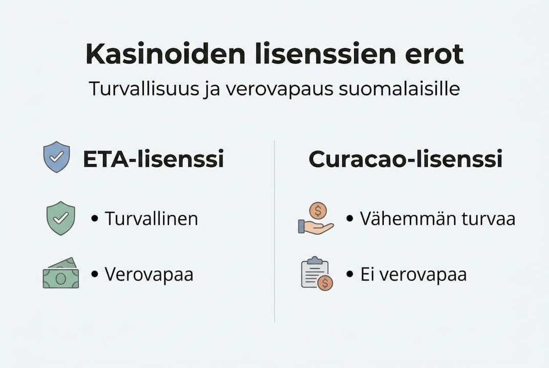 Kuvallinen katsaus eri kasinoiden lisenssien eroihin suomalaispelaajille