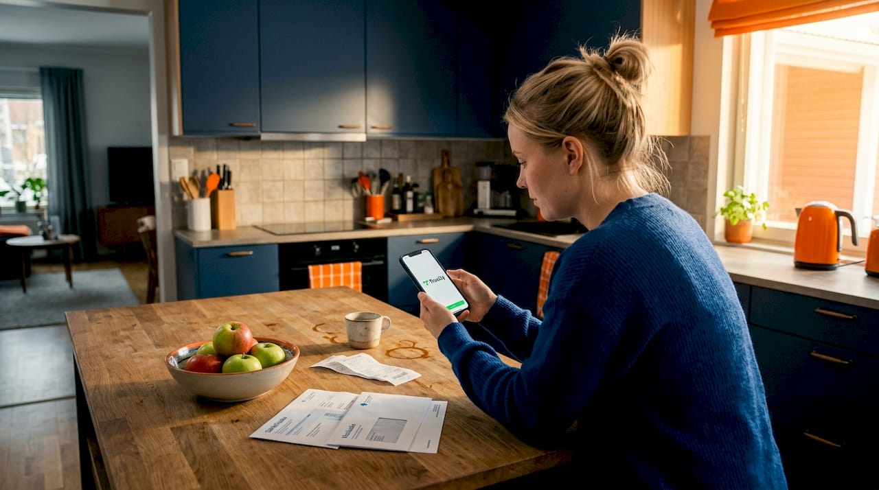 Suomalainen nainen tekee mobiilimaksua puhelimellaan.