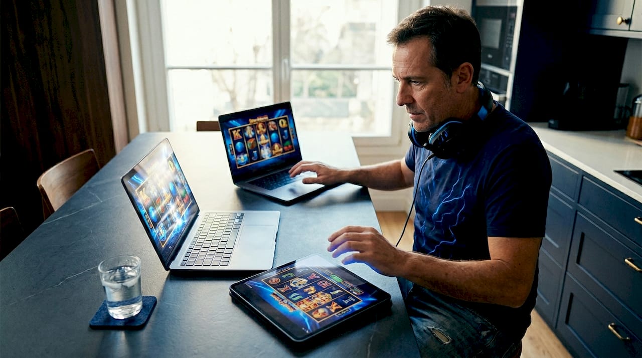 Hombre jugando a varios juegos de casino al mismo tiempo, manejando todo con habilidad.