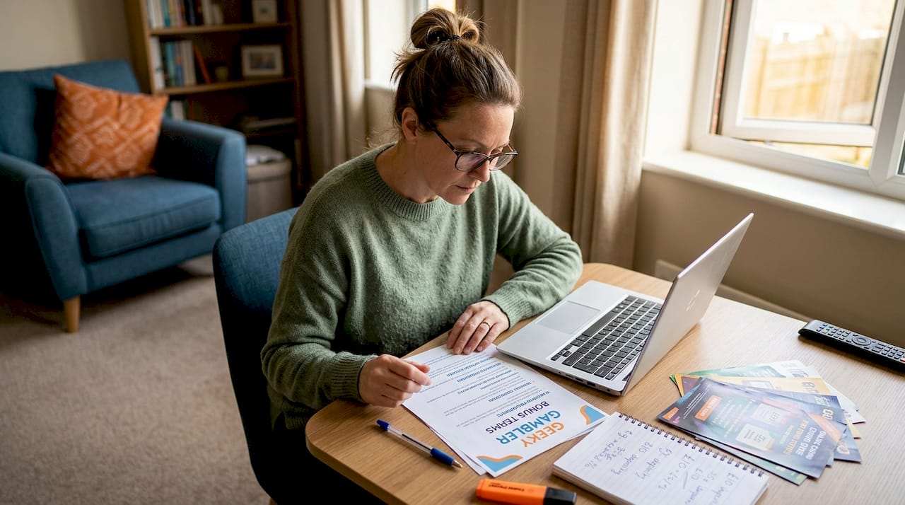Woman reviewing casino bonus terms at desk