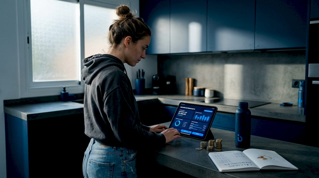 Mujer organizando sus gastos con ayuda de herramientas digitales
