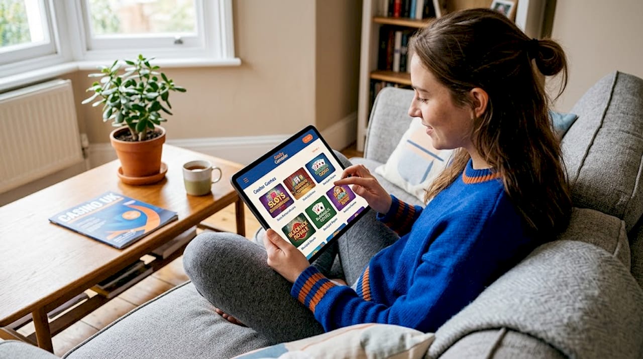 Woman browsing casino games on tablet