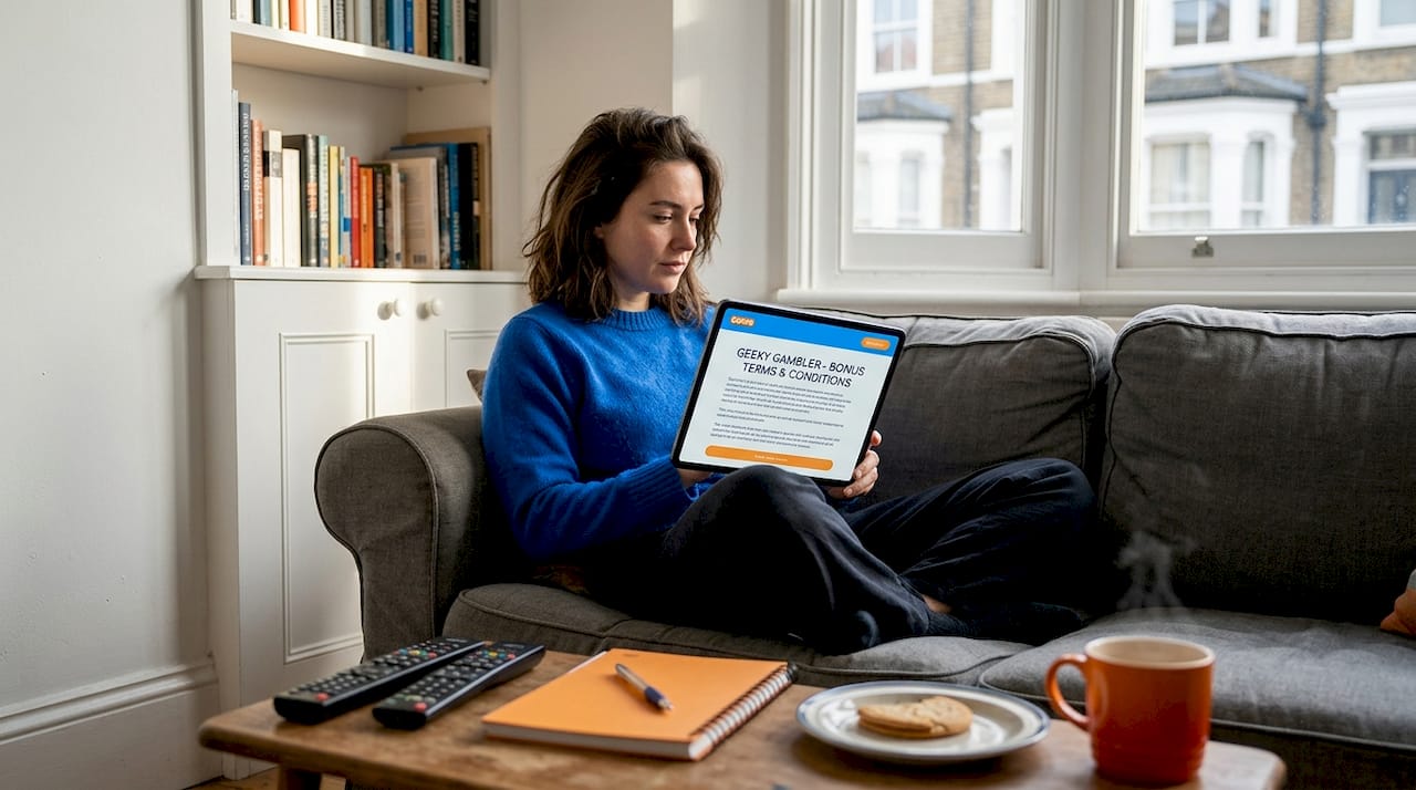 Woman reading bonus terms on tablet