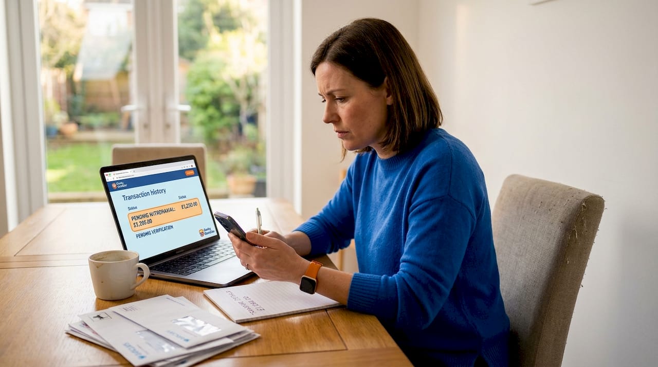 Woman reviewing delayed bank withdrawal paperwork