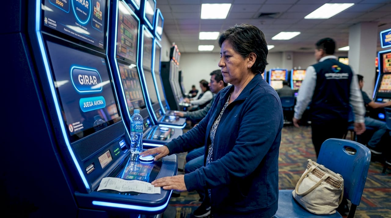 Mujer apostando la cantidad mínima en una máquina tragamonedas del casino.