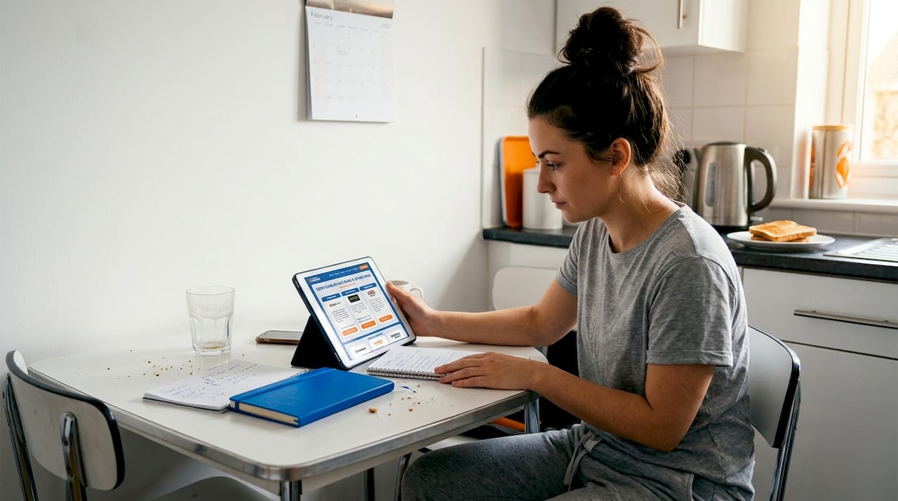 Woman reviewing casino bonuses at kitchen table