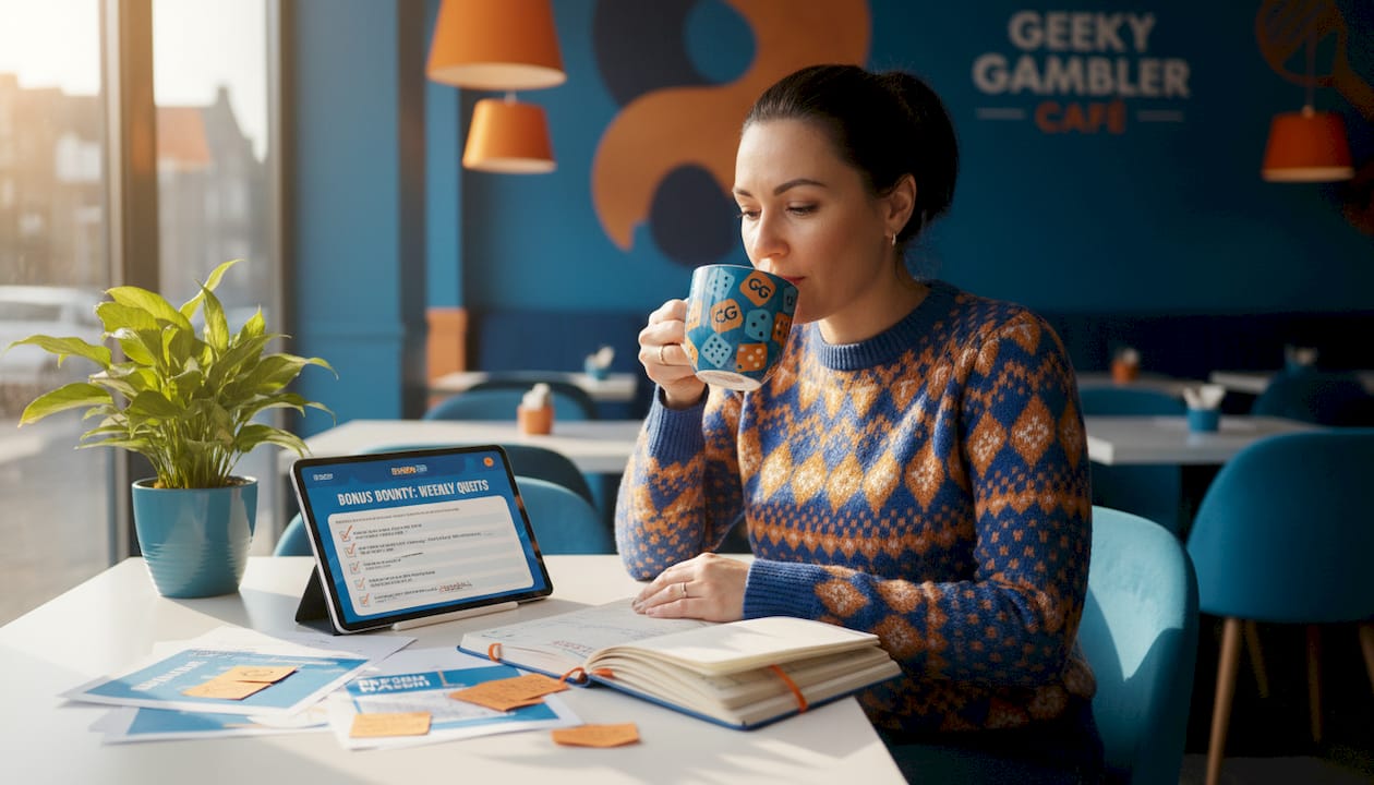 Woman cross-referencing casino bonus checklist