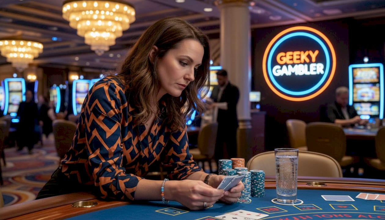 Woman thoughtfully playing blackjack in casino