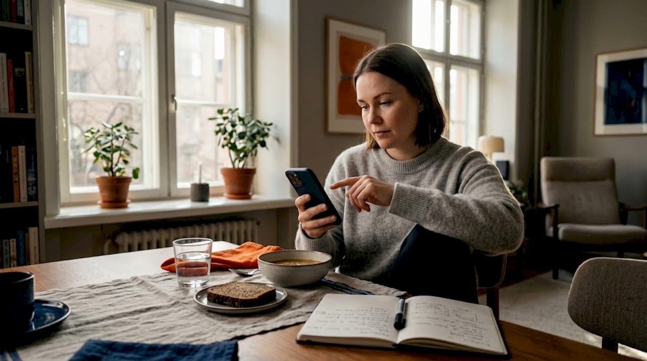Nainen hoitaa pankkiasioitaan älypuhelimella olohuoneessa.