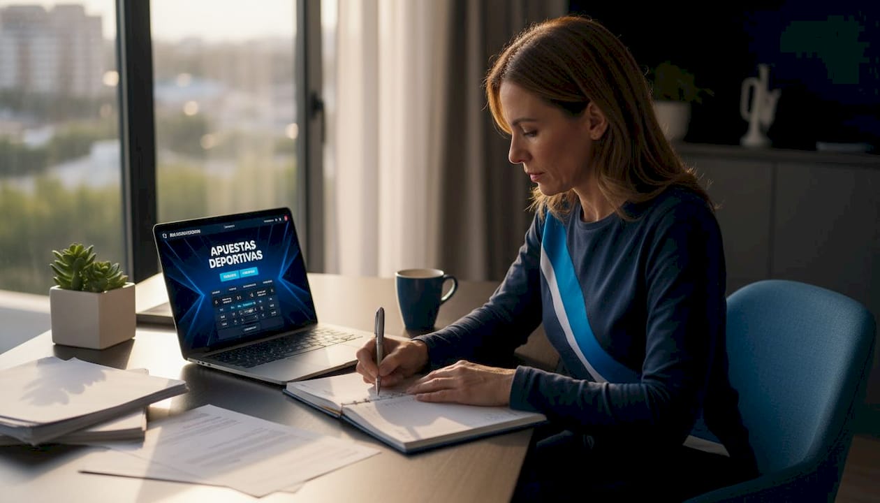Una mujer realiza apuestas desde la comodidad de su escritorio en casa.